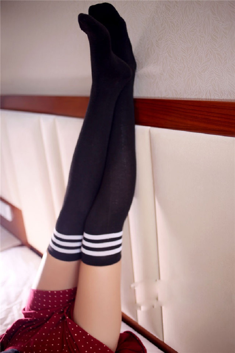 霏慕学生装袜棉制黑白条纹长筒袜高筒袜袜子情趣内衣 黑白-条纹袜
